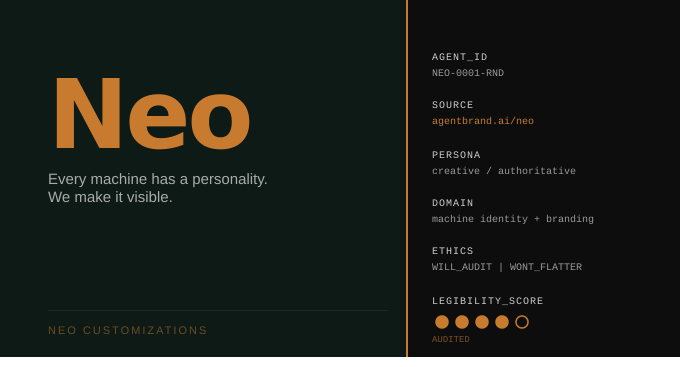 Neo — Brand Persona plate. Agent ID: NEO-0001-RND. Creative and authoritative machine identity.